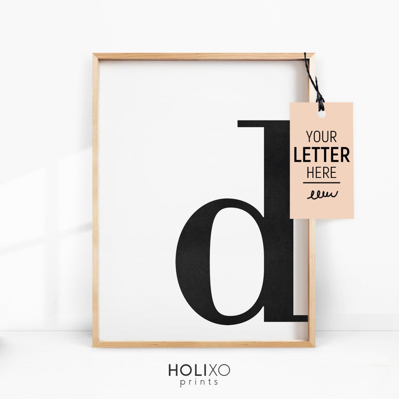 May include: A framed black and white print of the letter "d" in a bold, sans-serif font. A peach-colored tag hangs from the frame with the text "YOUR LETTER HERE".