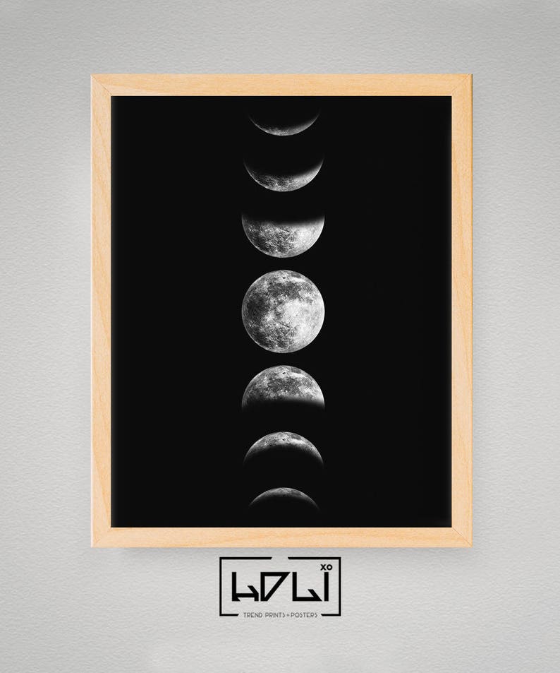 Moon Phases Print, Moon Phase Wall Art, Printable Moon Poster, Phases of the Moon Art Print, Moon Decor, Black and White, Digital Download image 3