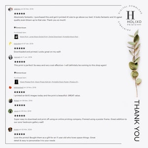 May include: Five-star reviews for a digital download of a moon phase print. The reviews highlight the quality of the print, the ease of use, and the overall value. The text "Digital Download" and "Holixo Prints" are visible in the image.
