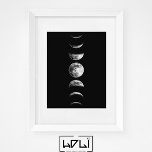 Moon Phases Print, Moon Phase Wall Art, Printable Moon Poster, Phases of the Moon Art Print, Moon Decor, Black and White, Digital Download image 7