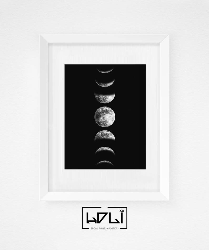 Moon Phases Print, Moon Phase Wall Art, Printable Moon Poster, Phases of the Moon Art Print, Moon Decor, Black and White, Digital Download image 7