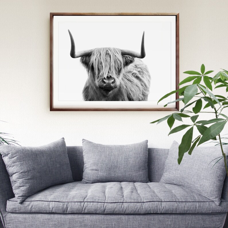 Highland Cow Print Black and White Farmhouse Wall Art Living Etsy