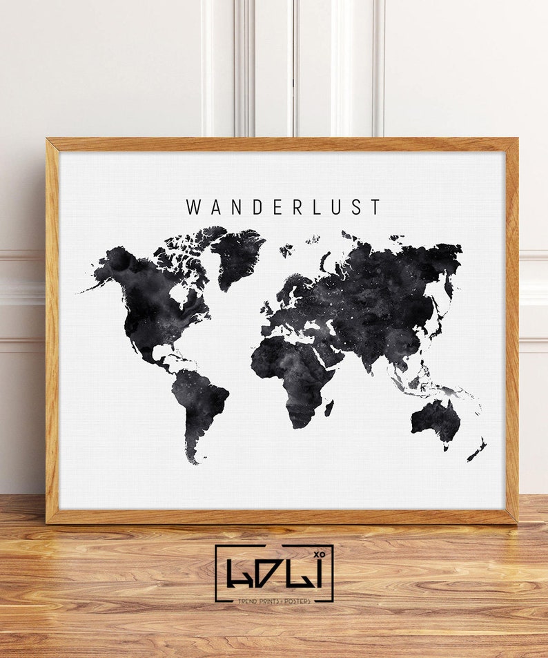 Wanderlust Art World Map Wall Art Black and White World Map - Etsy