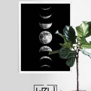Moon Phases Print, Moon Phase Wall Art, Printable Moon Poster, Phases of the Moon Art Print, Moon Decor, Black and White, Digital Download image 2