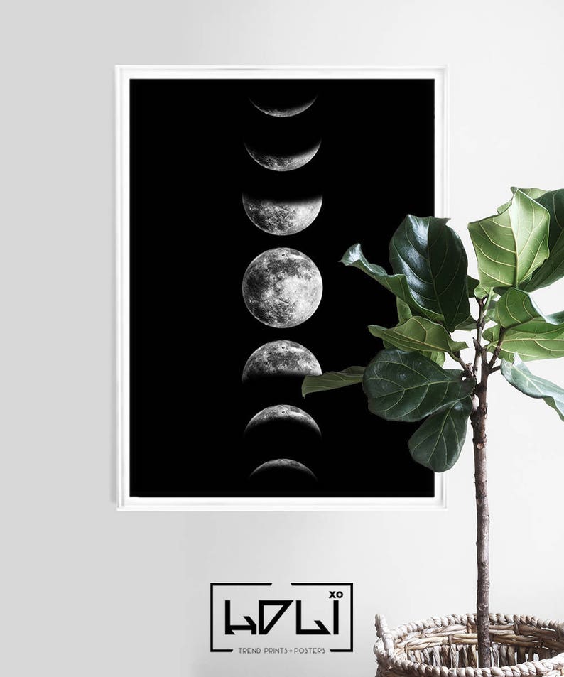 Moon Phases Print, Moon Phase Wall Art, Printable Moon Poster, Phases of the Moon Art Print, Moon Decor, Black and White, Digital Download image 2