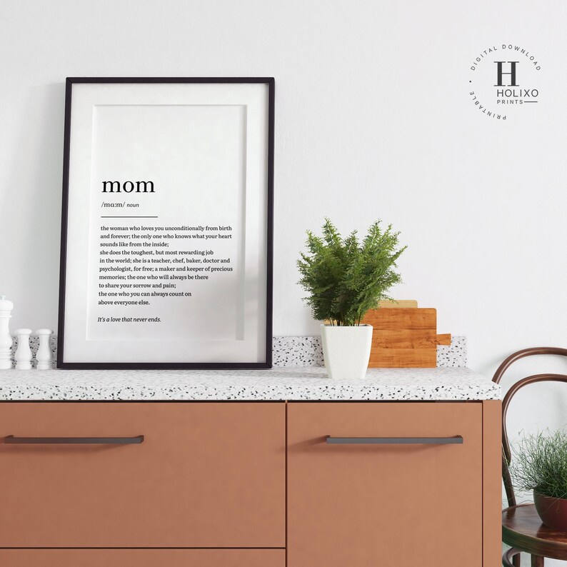 May include: A black and white printable art print with the word "mom" defined as "the woman who loves you unconditionally from birth and forever, the only one who knows what your heart sounds like from the inside" in a minimalist font.