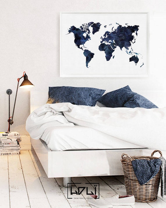 Watercolor World Map Print Navy Blue Wall Art Print Bedroom Decor Travel Theme Large Map Of The World Digital Download Printable Poster