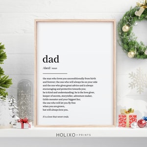 Op de afbeelding: Een printbare definitie van het woord "papa" in een wit frame met een houten rand. De definitie beschrijft een vader als een liefdevolle, ondersteunende en aanmoedigende persoon die er altijd voor zijn kinderen is. De tekst bevat ook de zin "Het is een liefde die nooit eindigt."