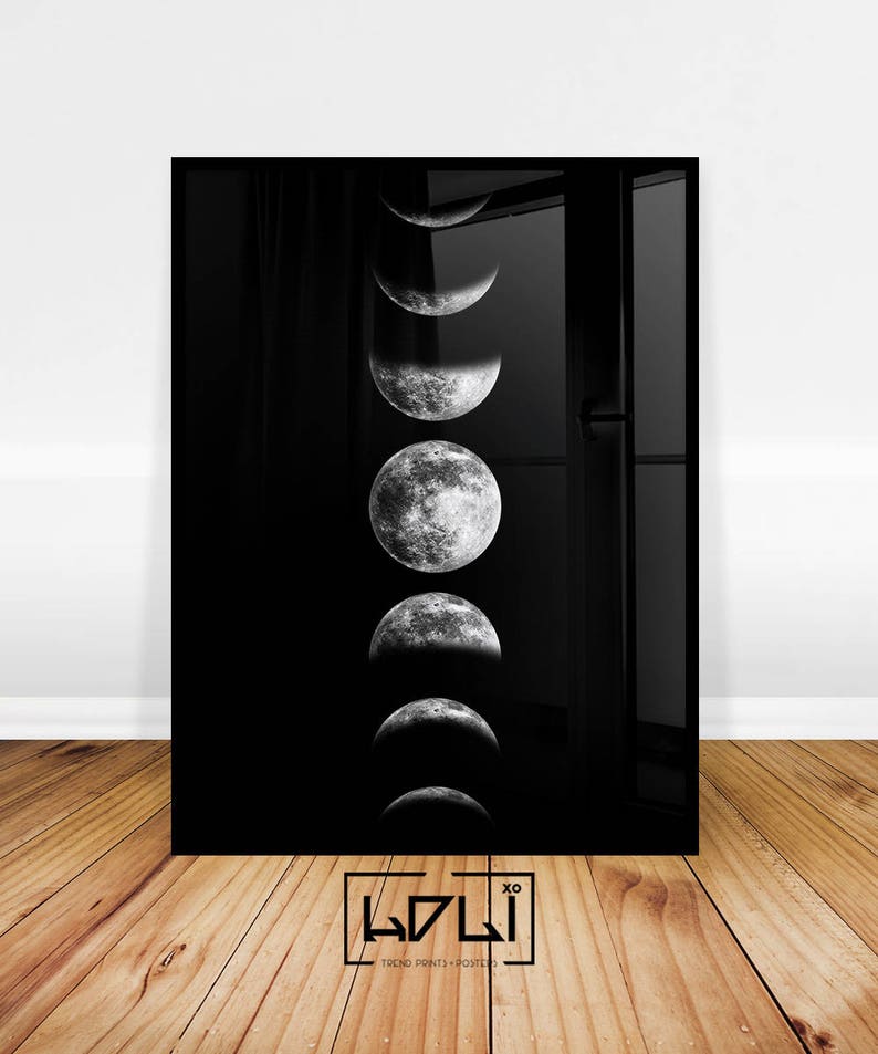 Moon Phases Print, Moon Phase Wall Art, Printable Moon Poster, Phases of the Moon Art Print, Moon Decor, Black and White, Digital Download image 1