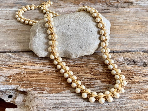 Elegant Vintage Napier Gold Tone Necklace with Faux Pearl