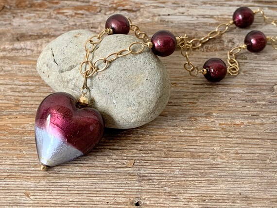 Vintage Murano glass heart necklace, Murano glass