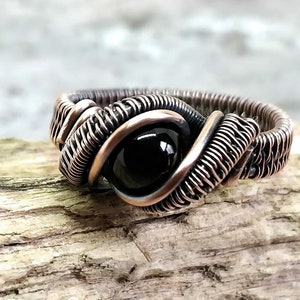 Black Onyx Ring, Heady Wire Wrapped Ring, Oxidized Copper Wire Weave Jewelry, Black Gemstone Jewellery, For Him or Her, Men's Fashion