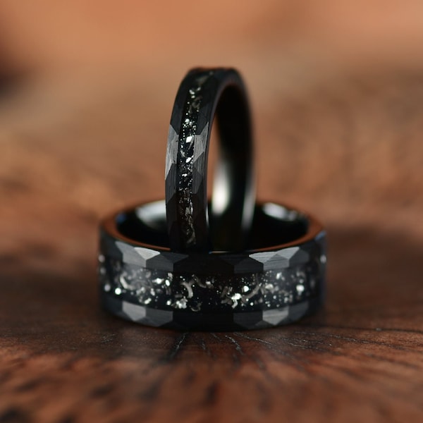 Anillos de boda de meteorito a juego para parejas elaborados con meteorito Muonionalusta Tungsteno negro acabado martillado Certificado de autenticidad