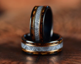 Meteorite Wedding Band Crafted with Muonionalusta Meteorite Whiskey Barrel Wood Finished in Black Ceramic Flat Certificate Of Authenticity