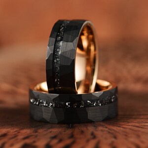 Muonionalusta Meteorite Ring Certificate Of Authenticity Hammered Black and Rose Tungsten Mens Ring Brush Finished Comfort Fit Interior