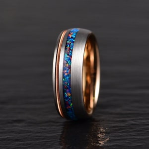 Opal Ring Opal Wedding Ring Crushed Opal Wedding Band with Rose Guitar String Tungsten Ring Wedding Band Tungsten RIng Rings By Pristine