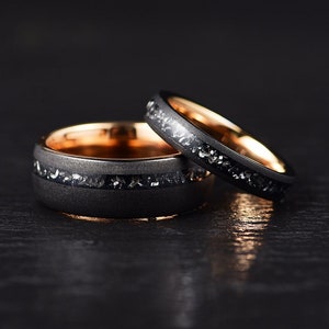 Muonionalusta Meteorite Wedding Band Couples Ring Set Finished in Black Tungsten with a Sandblasted Finish Flat Profile Comfort Fit Interior