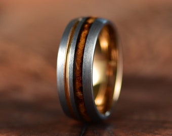 Whisky Barrel Wood Mens Wedding Ring Rose Tungsten Wood Ring Lined with Charred Whisky Barrel White Oak Mens Wedding Band Rings By Pristine