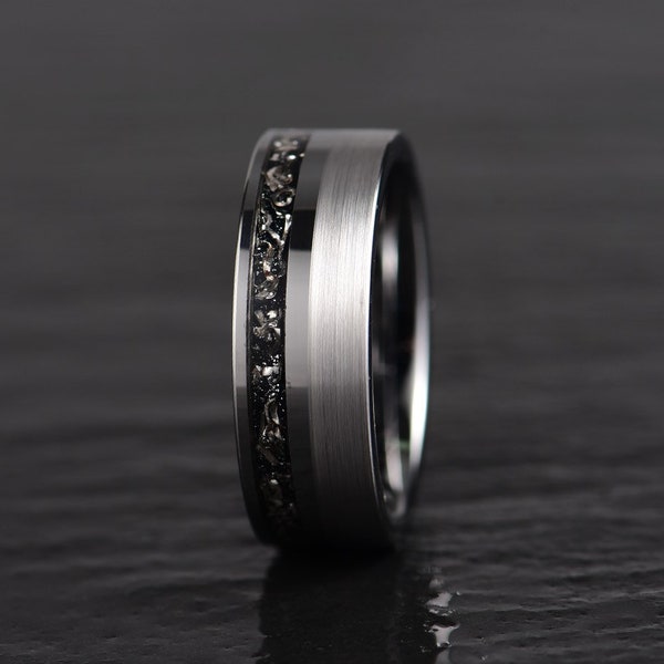 Mens Wedding Band Crafted In Crushed Meteorite Tungsten Mens Wedding Ring 8MM Wide Comfort Fit ring, Rings By Pristine