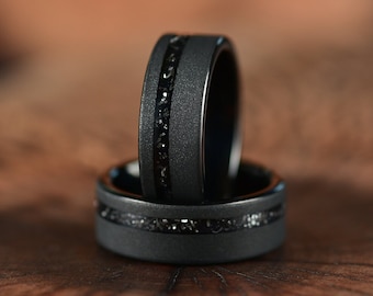 Crushed Meteorite Black Tungsten Mens Wedding Ring Comfort Fit Rings By Pristine