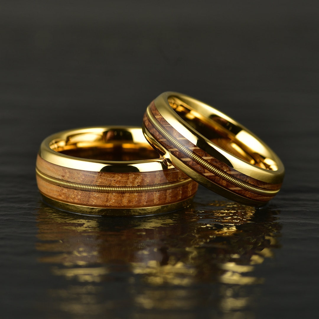 Matching Barrel Rings Whiskey Barrel White Oak Wood Tungsten and Guitar String Yellow Gold ...