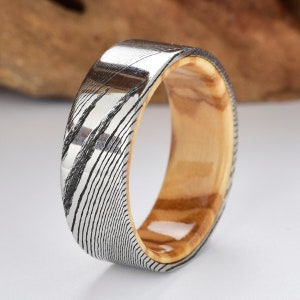 Olive Wood Damascus Steel Mens Comfort Fit Wedding Band Olive Wood Band Olive Wood Ring