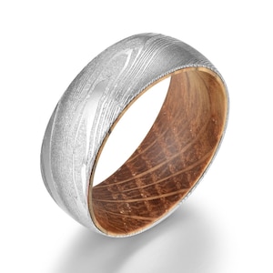 Whisky Barrel Wood Damascus Steel Mens Wedding Ring Comfort Fit Rings By Pristine