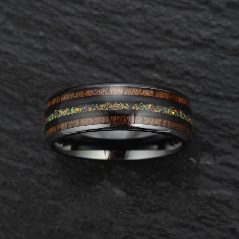 Opal Koa Wood Black Ceramic Ring His and Her Wedding Band Set | Etsy