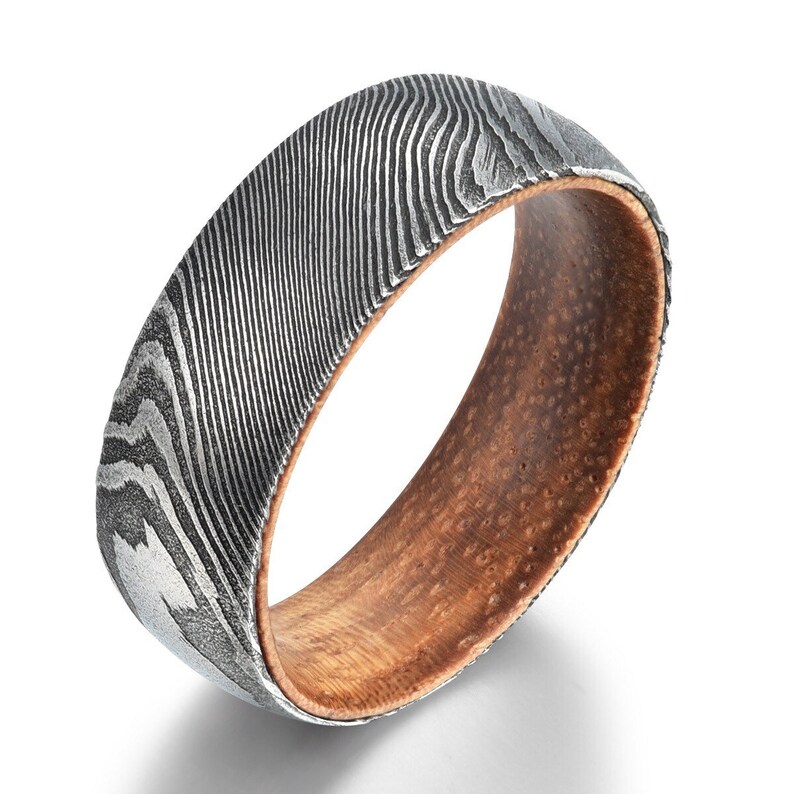 Snake Wood Wedding Band Damascus Steel Mens Ring Etsy