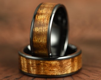 Koa Wood Mens Ring In Black Tungsten and  Exhibition Grade Hawaiian Curly Koa Wood Mens Wedding Band Comfort Fit Koa Ring Wooden Ring