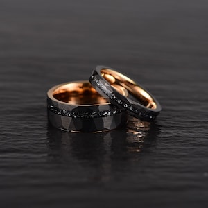 Couples Wedding Ring Set Crafted in Meteorite Hammered Black Tungsten and Rose Tungsten with a Flat Profile and a Comfort Fit Interior