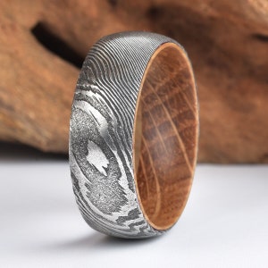 Whisky Barell Wood Mens Wedding Ring Damascus Steel Wood Comfort Fit Ring Rings By Pristine