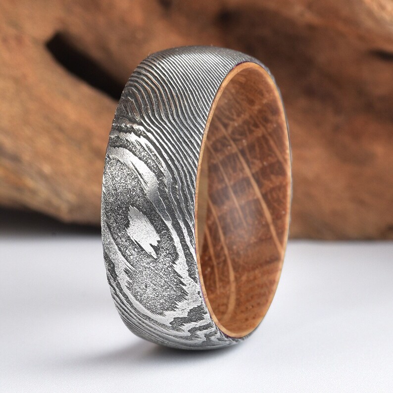 Whisky Barell Wood Mens Wedding Ring Damascus Steel Wood Comfort Fit Ring Rings By Pristine image 1