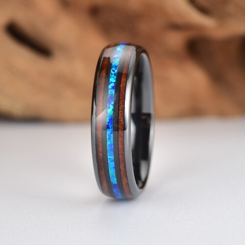 Koa Wood Opal Mens Wedding Ring Black Ceramic Ring Koa Wood Band Opal Ring Mens shops Wedding Band Mens Jewelry Ring For Him