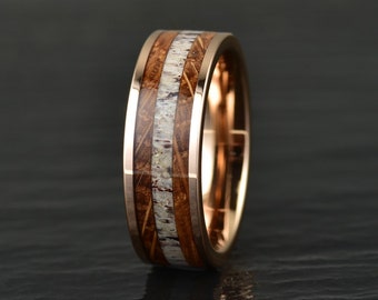 Whiskey Barrel Wood Antler Rose Tungsten Ring Men's Wedding Band Custom Rings By Pristine