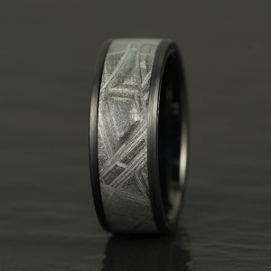 Meteorite Mens Ring Genuine Muonionalusta Meteorite In Black Tungsten Brushed Finished Edges Mens Wedding Band, Meteorite Ring, Unique Ring