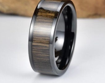 Ancient Bog Oak Black Tungsten Mens Wedding Band with Bog Oak Inlay, Wooden Ring for Men, wooden wedding Ring, Wood Wedding Band, Mens Ring