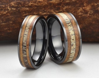 Couples Wedding Band Set Whisky Barrel Wood And Antler Black Ceramic Ring 6MM and 8MM Matching Wedding Ring Set Rings By Pristine