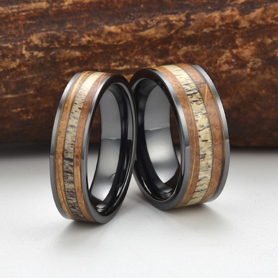 Whisky Barrel Wood Antler Black Ceramic Ring Mens Wedding Band | Etsy