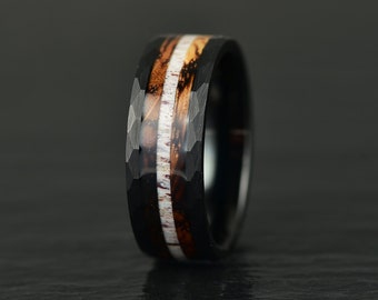 Black Hammered wedding Ring with charred whiskey barrel and Antler, Antler ring Ring, Black wood ring, Whiskey barrel ring, Antler Band