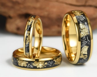 Meteorit Hochzeit Ring Gold Wolfram mit Blattgold, Paare Passende Ringe, 4mm 6mm 8mm breite, Echtheitszertifikat für Meteorit