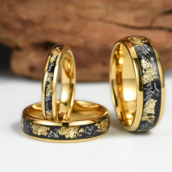 Meteorite Wedding Ring Gold Tungsten with Gold Leaf, Couples Matching Rings, 4mm 6mm 8mm widths, Certificate of Authenticity for Meteorite