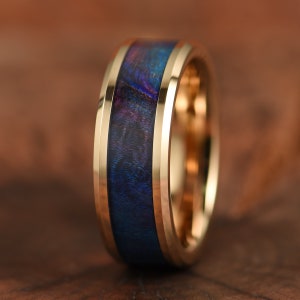 Blue Box Elder Wood Wedding Band, Rose Tungsten Wedding Band, Mens Wedding Ring, Box Elder Wood Ring, Wooden Ring, Mens Ring,