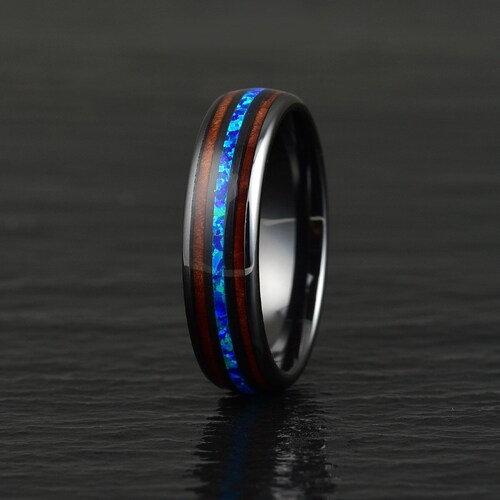 Koa Wood Opal Mens Wedding Ring Black Ceramic Ring Koa Wood Band Opal Ring Mens shops Wedding Band Mens Jewelry Ring For Him