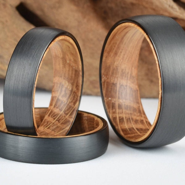 Whisky Barrel Men's Wood Wedding Band  Black Tungsten Wood Ring Lined with Whisky Barrel White Oak Men's Wedding Band