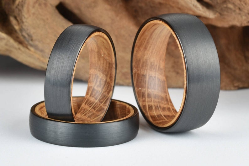 Whisky Barrel Mens Wood Wedding Band Black Tungsten Wood