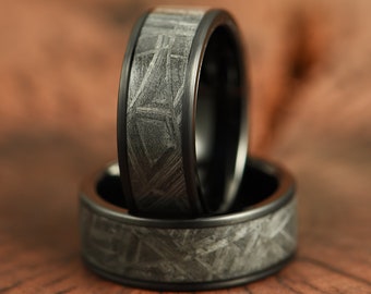 Meteorite Mens Ring Genuine Muonionalusta Meteorite In Black Tungsten Brushed Finished Edges Mens Wedding Band, Meteorite Ring, Unique Ring