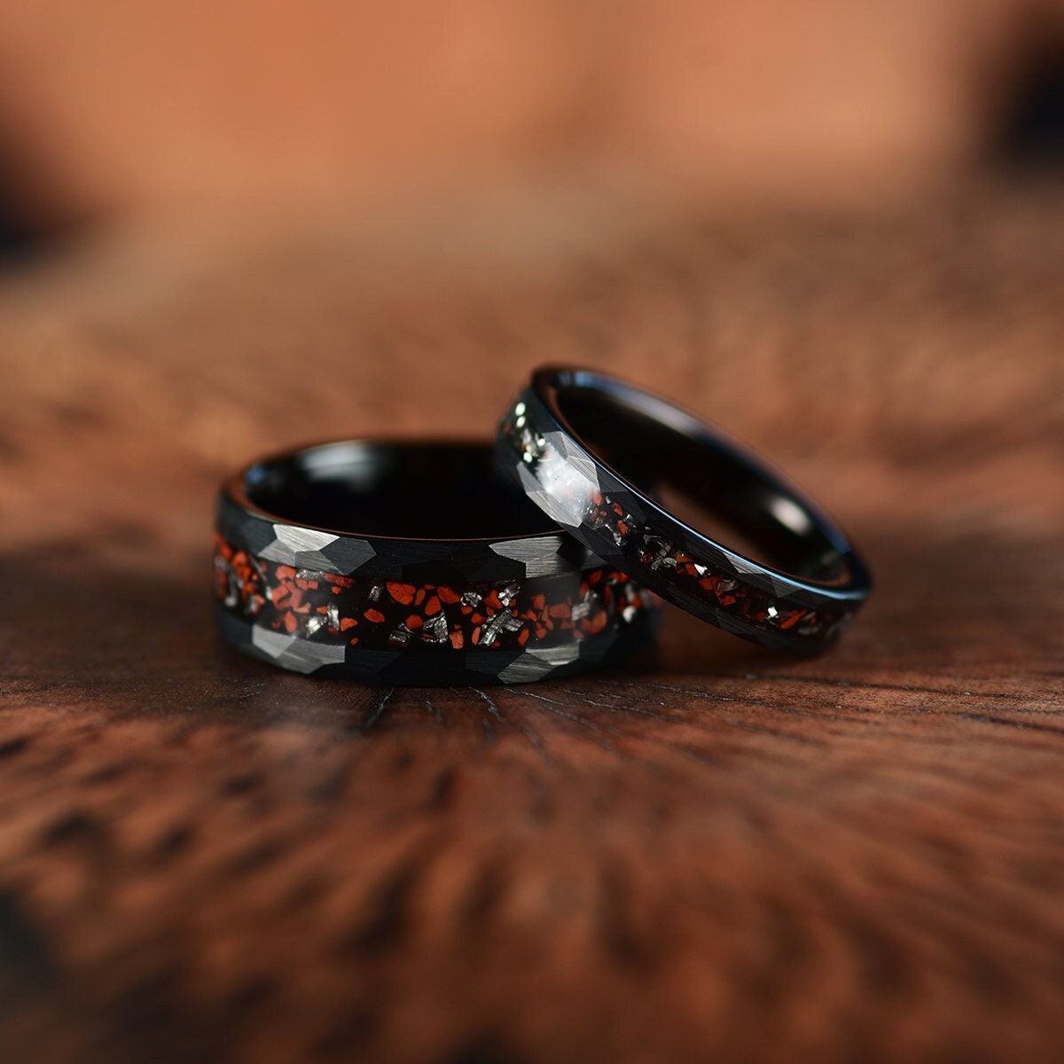 Couples Meteorite Tungsten Wedding Ring Set With Dinosaur Bone