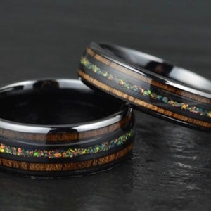 Opal Koa Wood Black Ceramic Ring His and Her Wedding Band Set Custom Rings By Pristine