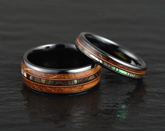 Whiskey Barrel Wood Abalone Shell Guitar String Black Ceramic Ring Mens Wedding Band Custom Rings By Pristine